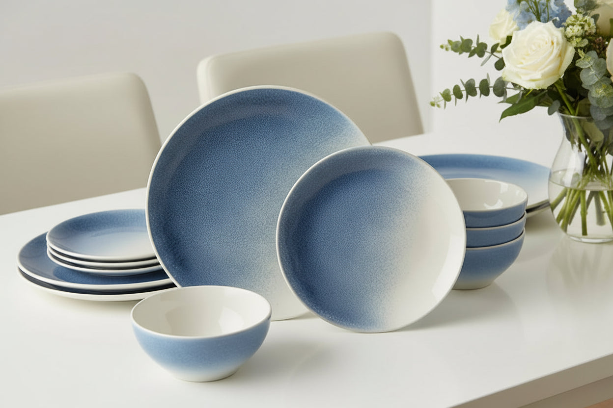 One of One Glacier Stoneware Dinnerware Set of 12 - Azure Blue