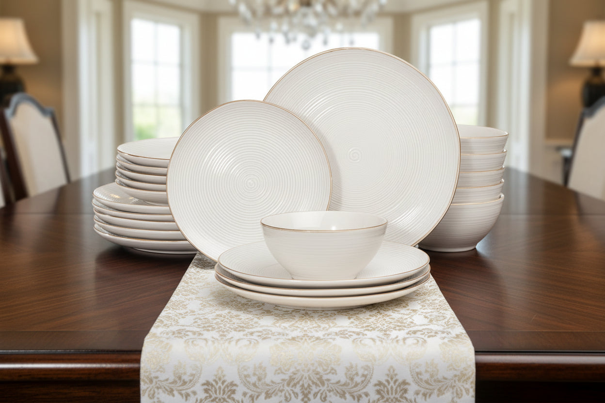 One of One Tempus Stoneware Dinnerware Set of 18 - Antique White