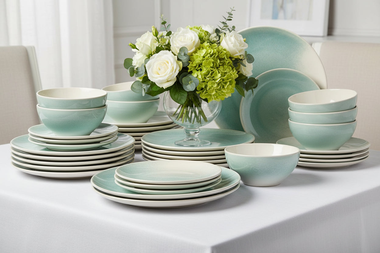 One of One Glacier Stoneware Dinnerware Set of 24 - Iced Green