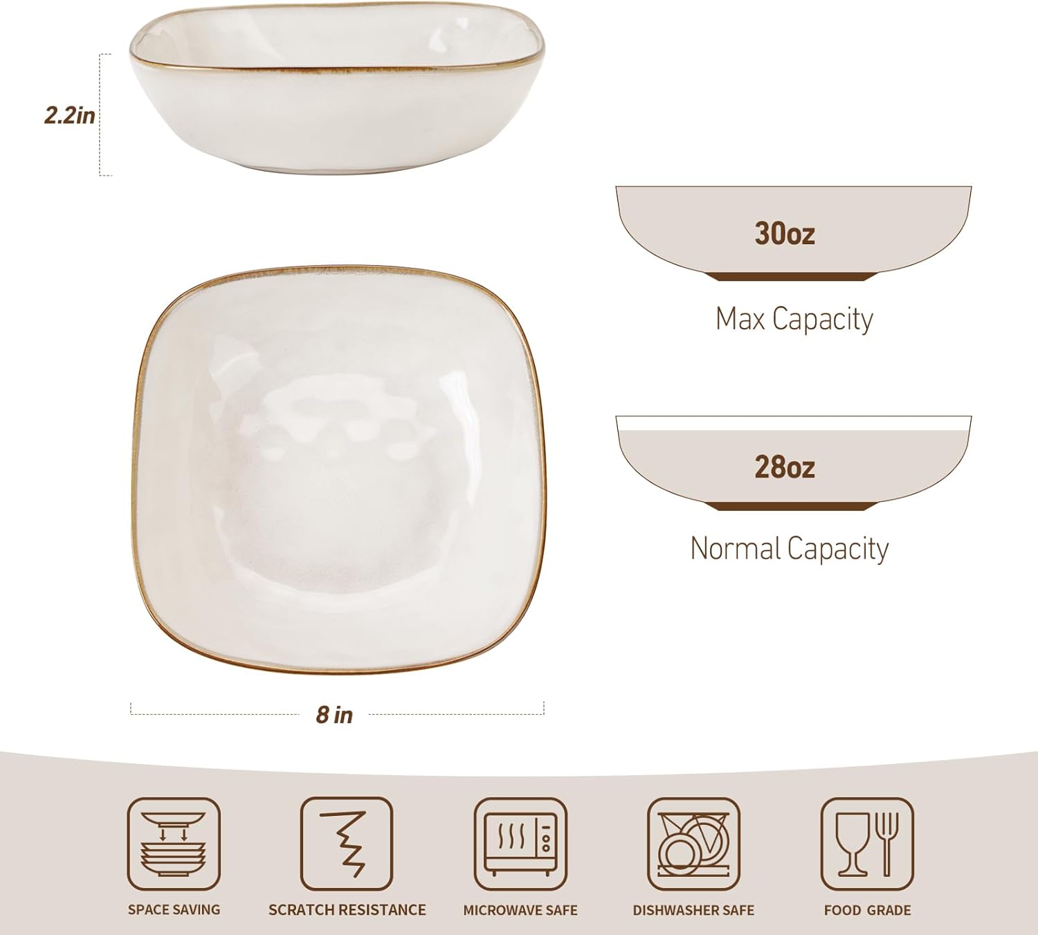 ONE of ONE 8" Ocean Square Pasta Bowl Set of 4 - Cappuccino White