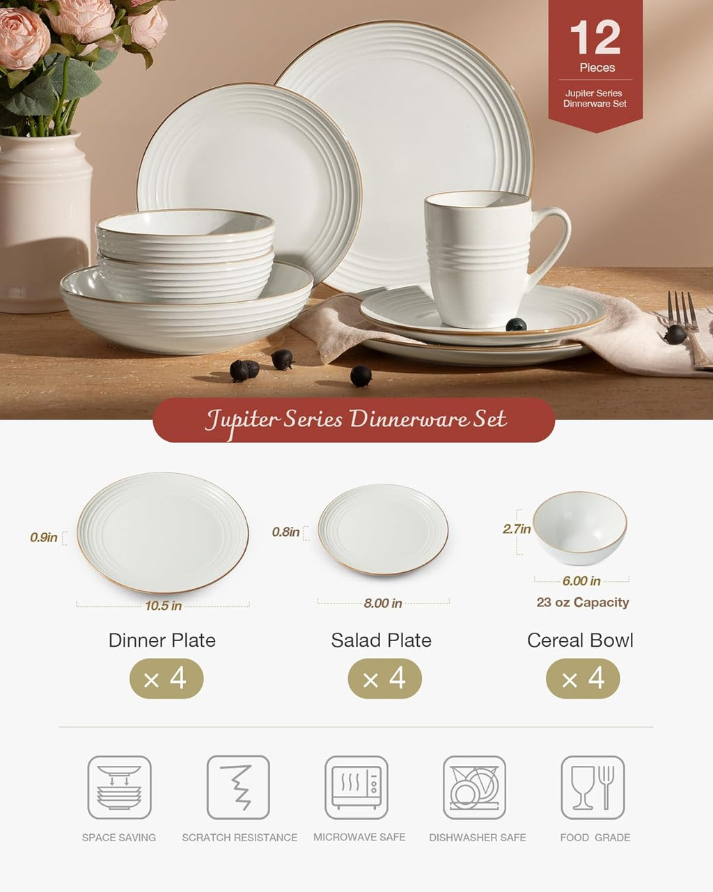 ONE of ONE Jupiter Stoneware Dinnerware Set of 12 - White