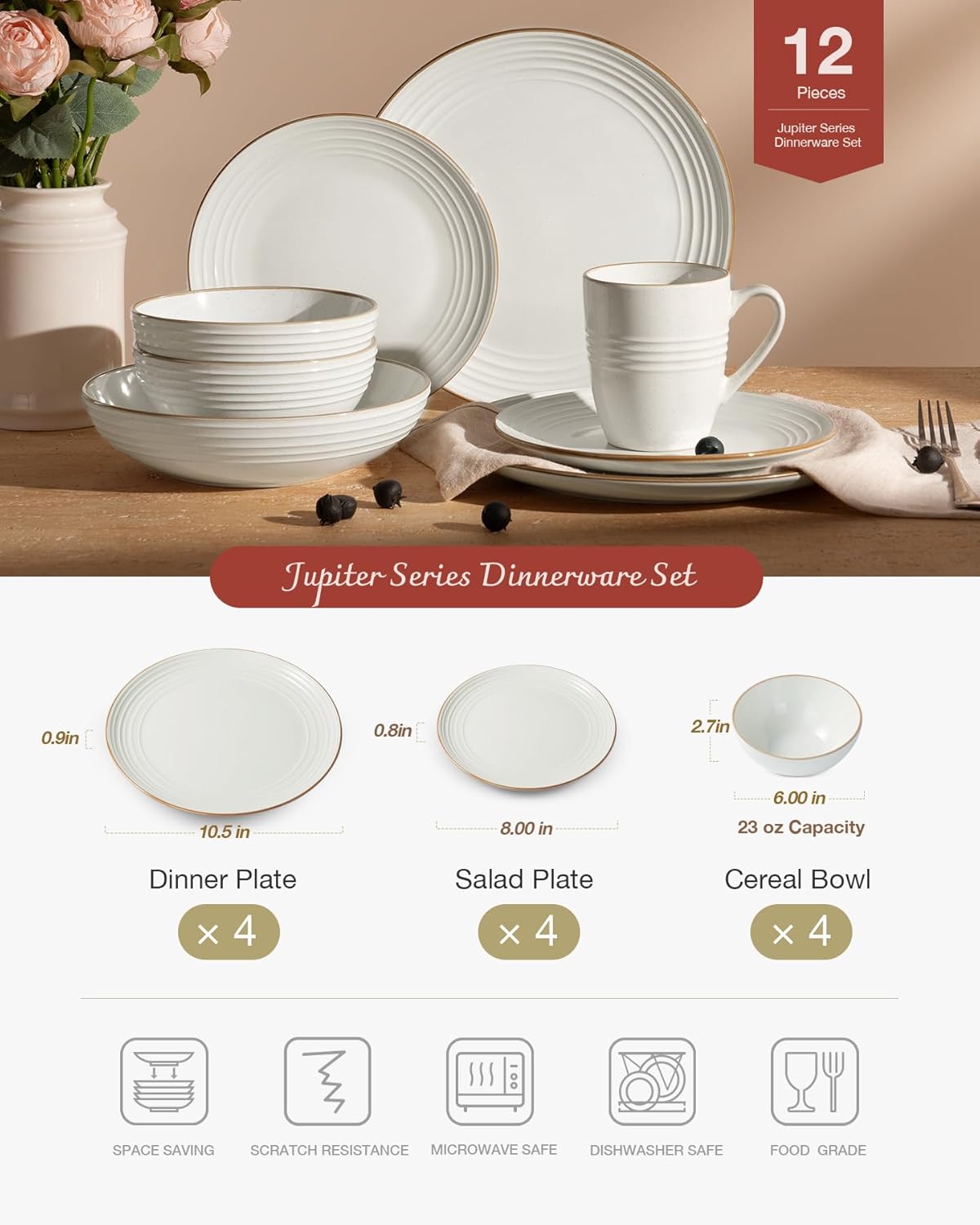 ONE of ONE Jupiter Stoneware Dinnerware Set of 12 - White
