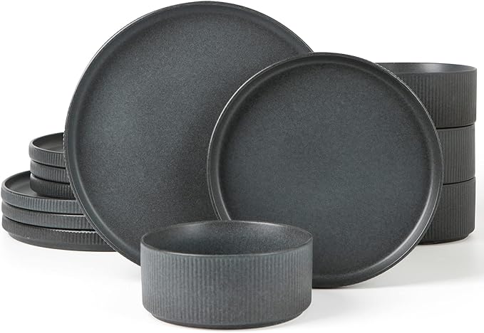 ONE of ONE Star Stoneware Dinnerware Set of 12 - Matte Dark Charcoal