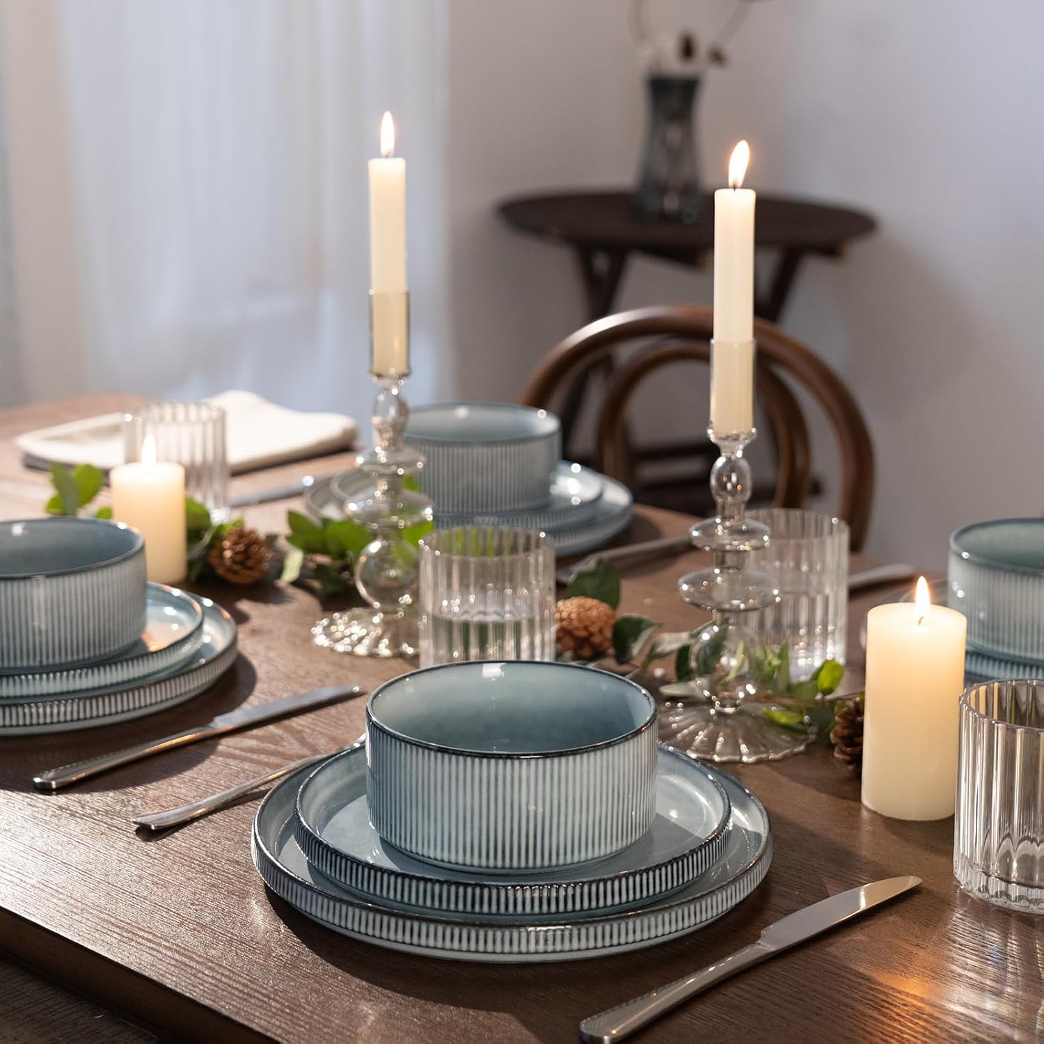 ONE of ONE Star Stoneware Dinnerware Set of 12 - Smoky Blue