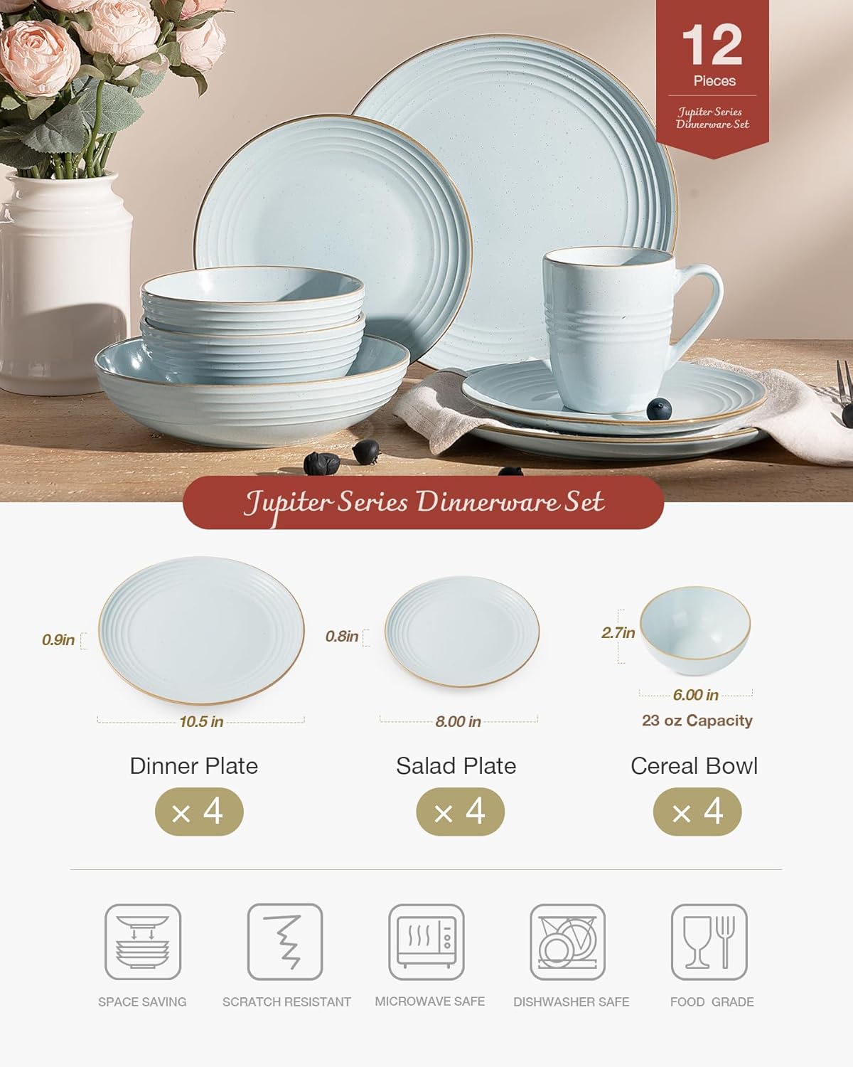 ONE of ONE Jupiter Stoneware Dinnerware Set of 12 - Light Blue
