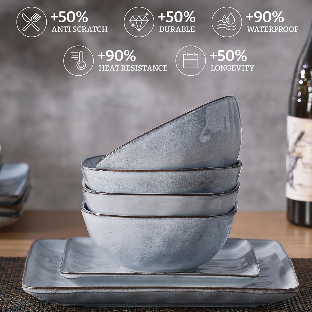 ONE of ONE Ocean Square Stoneware Dinnerware Set of 12 - Grey