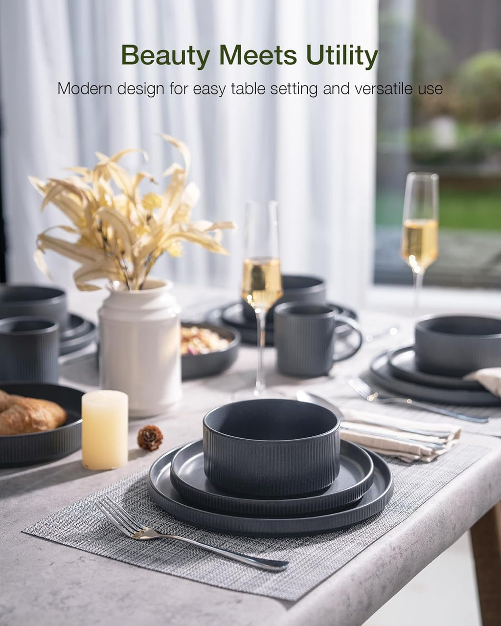 ONE of ONE Star Stoneware Dinnerware Set of 12 - Matte Dark Charcoal