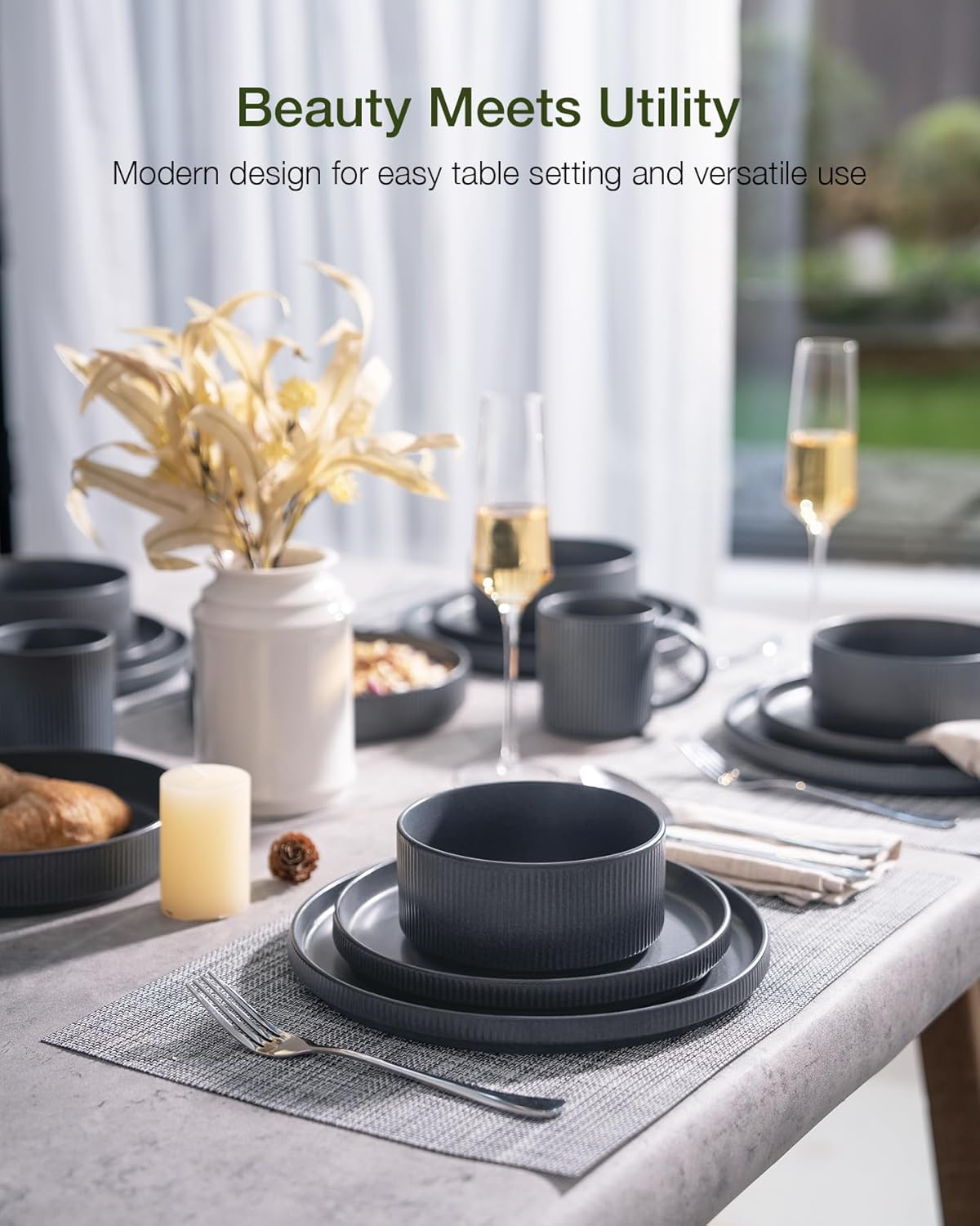 ONE of ONE Star Stoneware Dinnerware Set of 12 - Matte Dark Charcoal
