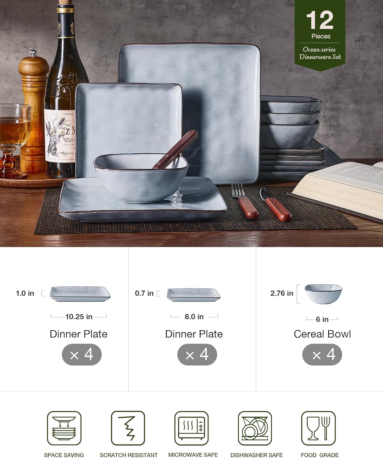 ONE of ONE Ocean Square Stoneware Dinnerware Set of 12 - Grey