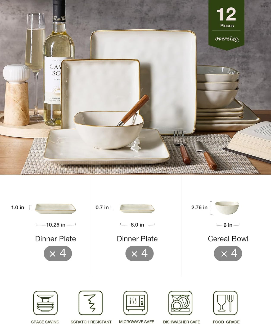 ONE of ONE Ocean Square Stoneware Dinnerware Set of 12 - Cappuccino White