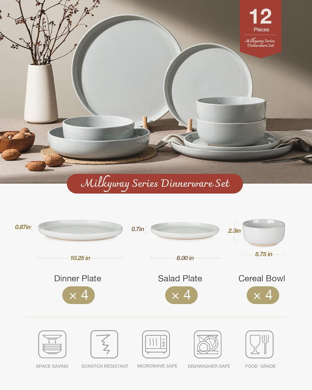 ONE of ONE Milkyway Stoneware Dinnerware Set of 12 - Light Grey
