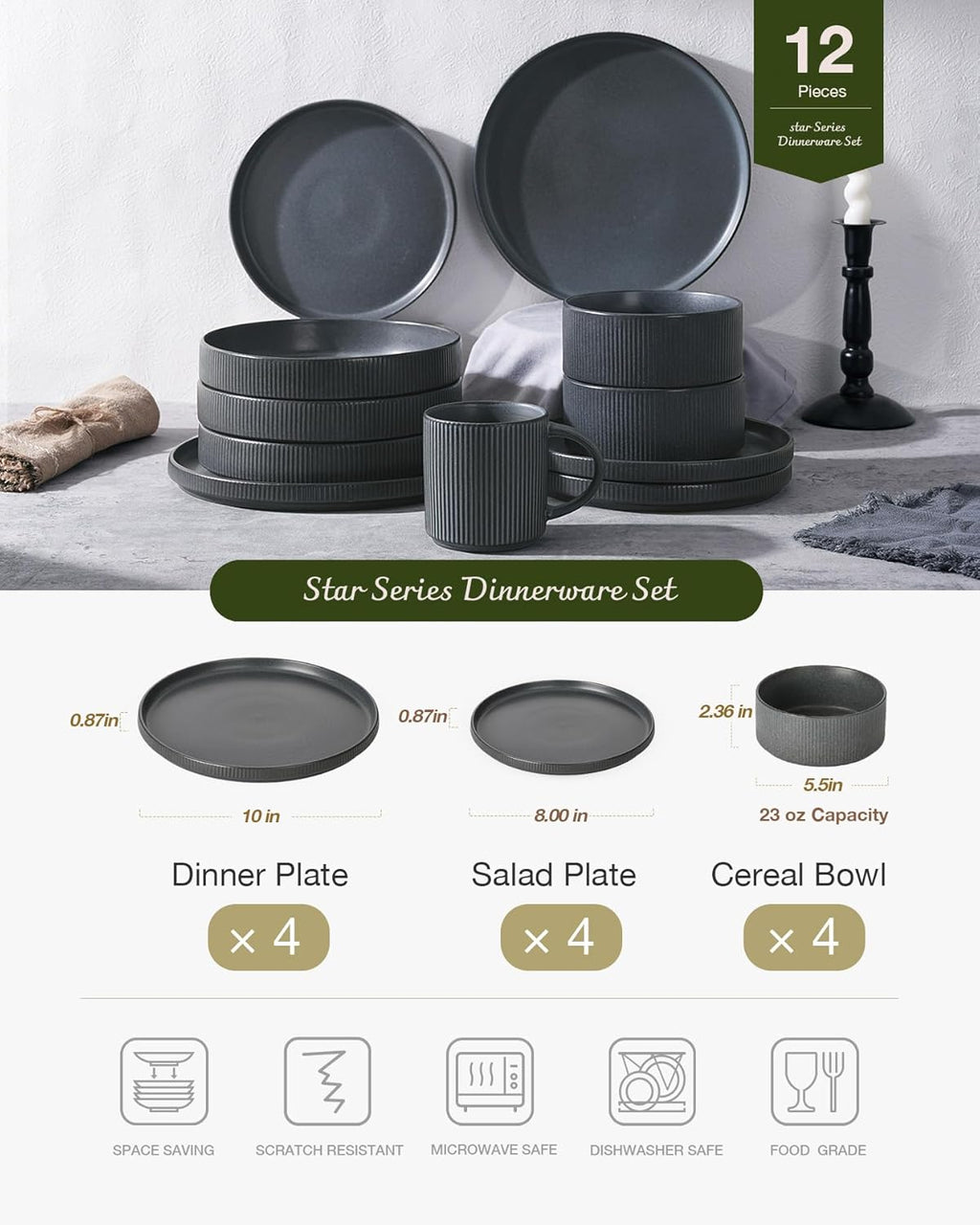 ONE of ONE Star Stoneware Dinnerware Set of 12 - Matte Dark Charcoal