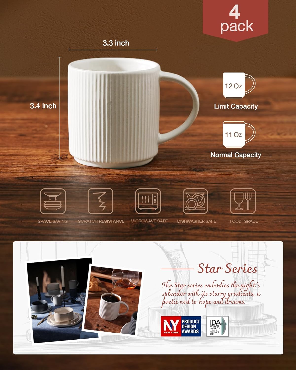 ONE of ONE Star Coffee Mug Cup Set of 4 - Matte White