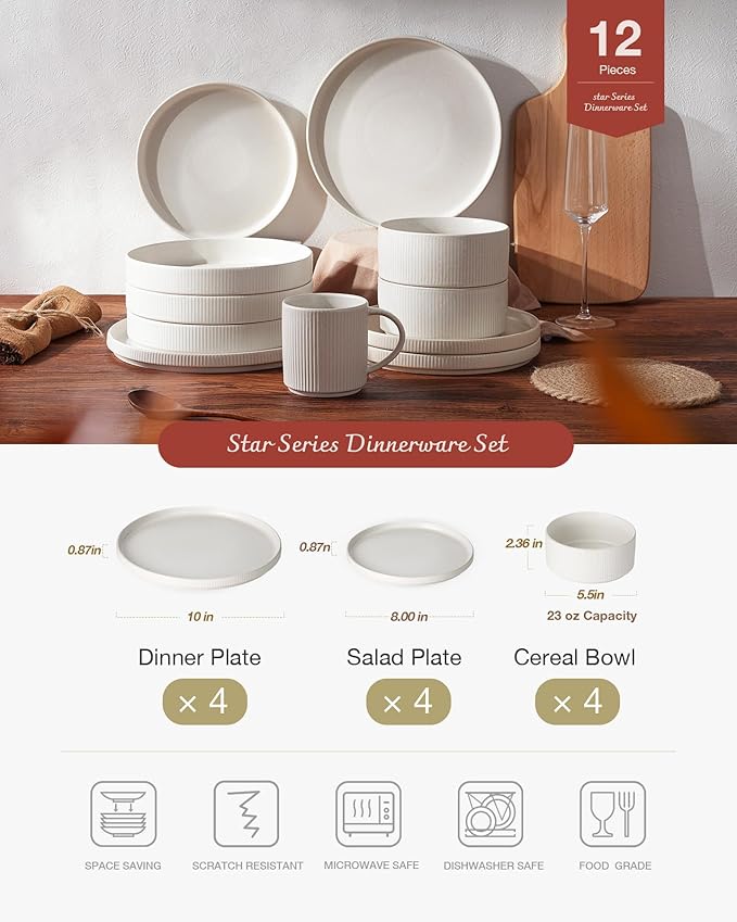 ONE of ONE Star Stoneware Dinnerware Set of 12 - Matte White