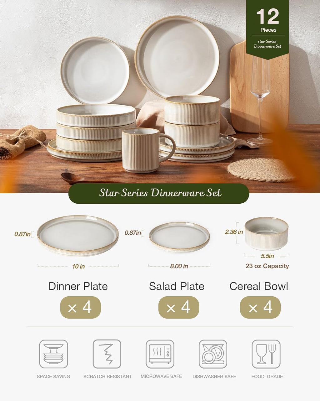 ONE of ONE Star Stoneware Dinnerware Set of 12 - Cappuccino White