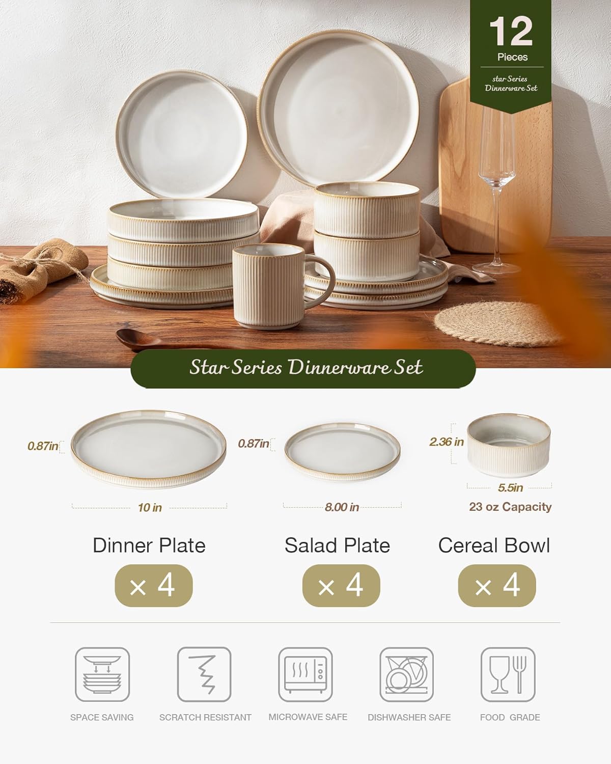 ONE of ONE Star Stoneware Dinnerware Set of 12 - Cappuccino White
