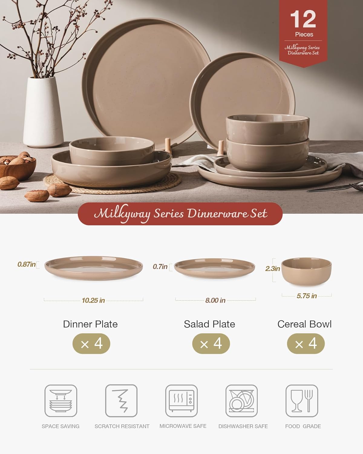 ONE of ONE Milkyway Stoneware Dinnerware Set of 12 - Cinnamon Brown