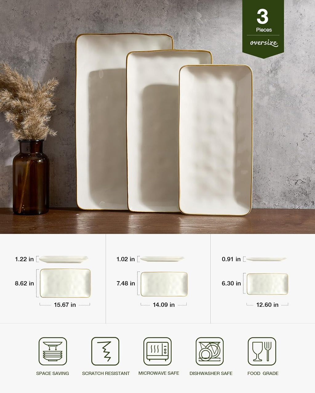 ONE of ONE Ocean Rectangle Serving Platter Set of 3 - Vanilla White