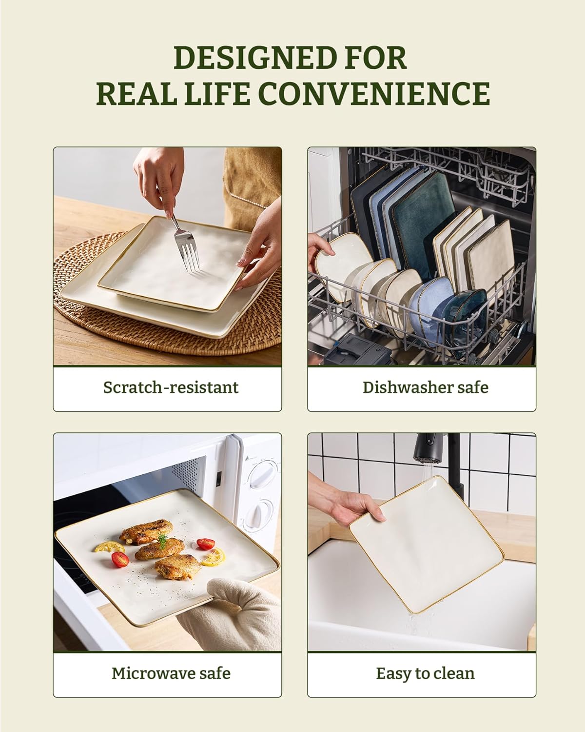 ONE of ONE Ocean Square Stoneware Dinnerware Set of 12 - Cappuccino White