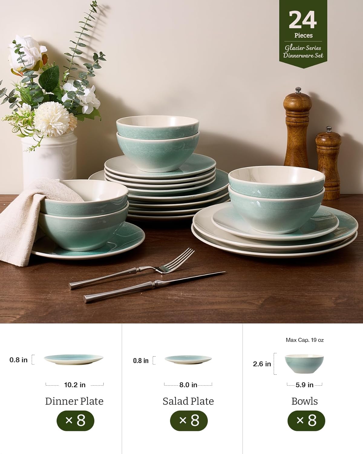 One of One Glacier Stoneware Dinnerware Set of 24 - Iced Green