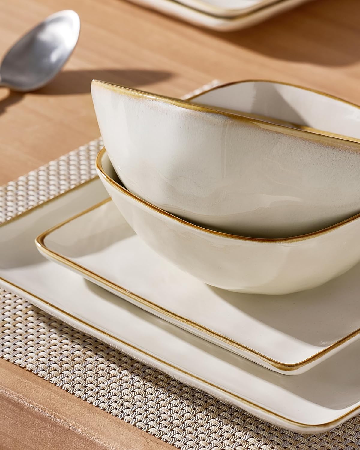 ONE of ONE Ocean Square Stoneware Dinnerware Set of 12 - Cappuccino White