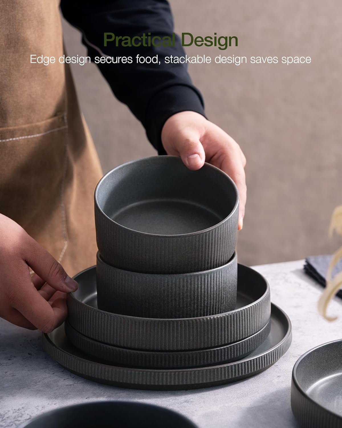 ONE of ONE Star Stoneware Dinnerware Set of 12 - Matte Dark Charcoal