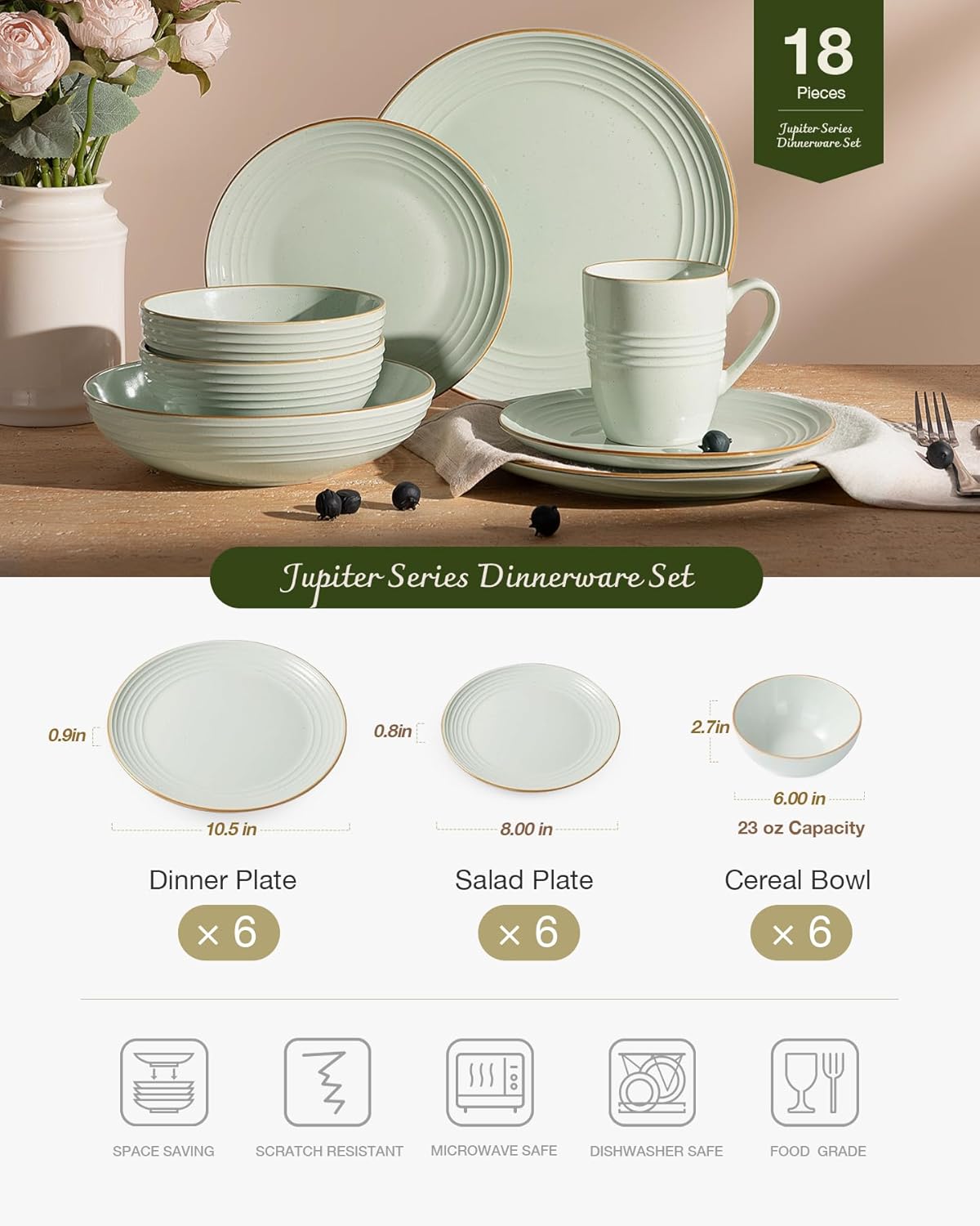 One of One Jupiter Stoneware Dinnerware Set of 18 - Light Green