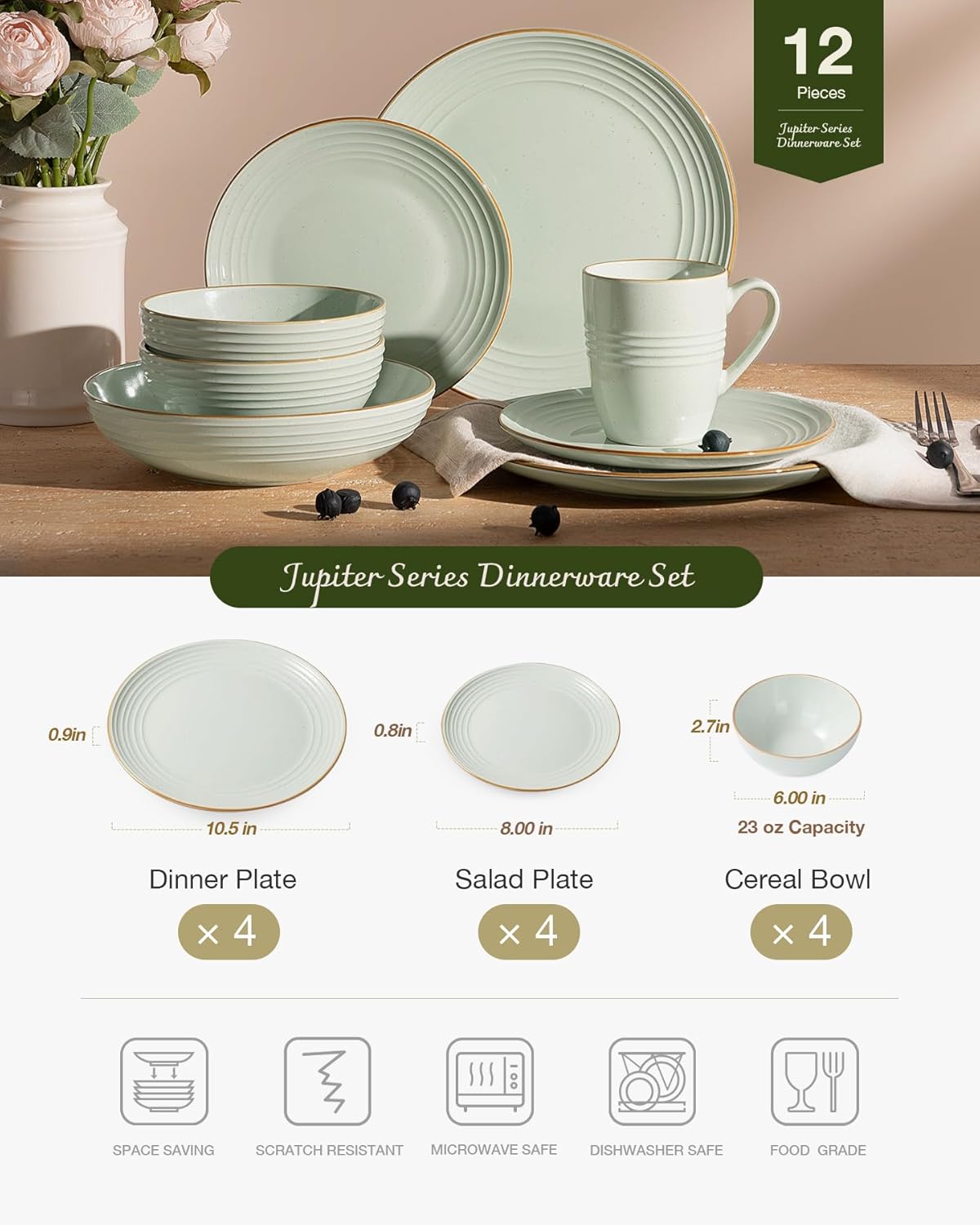 ONE of ONE Jupiter Stoneware Dinnerware Set of 12 - Light Green