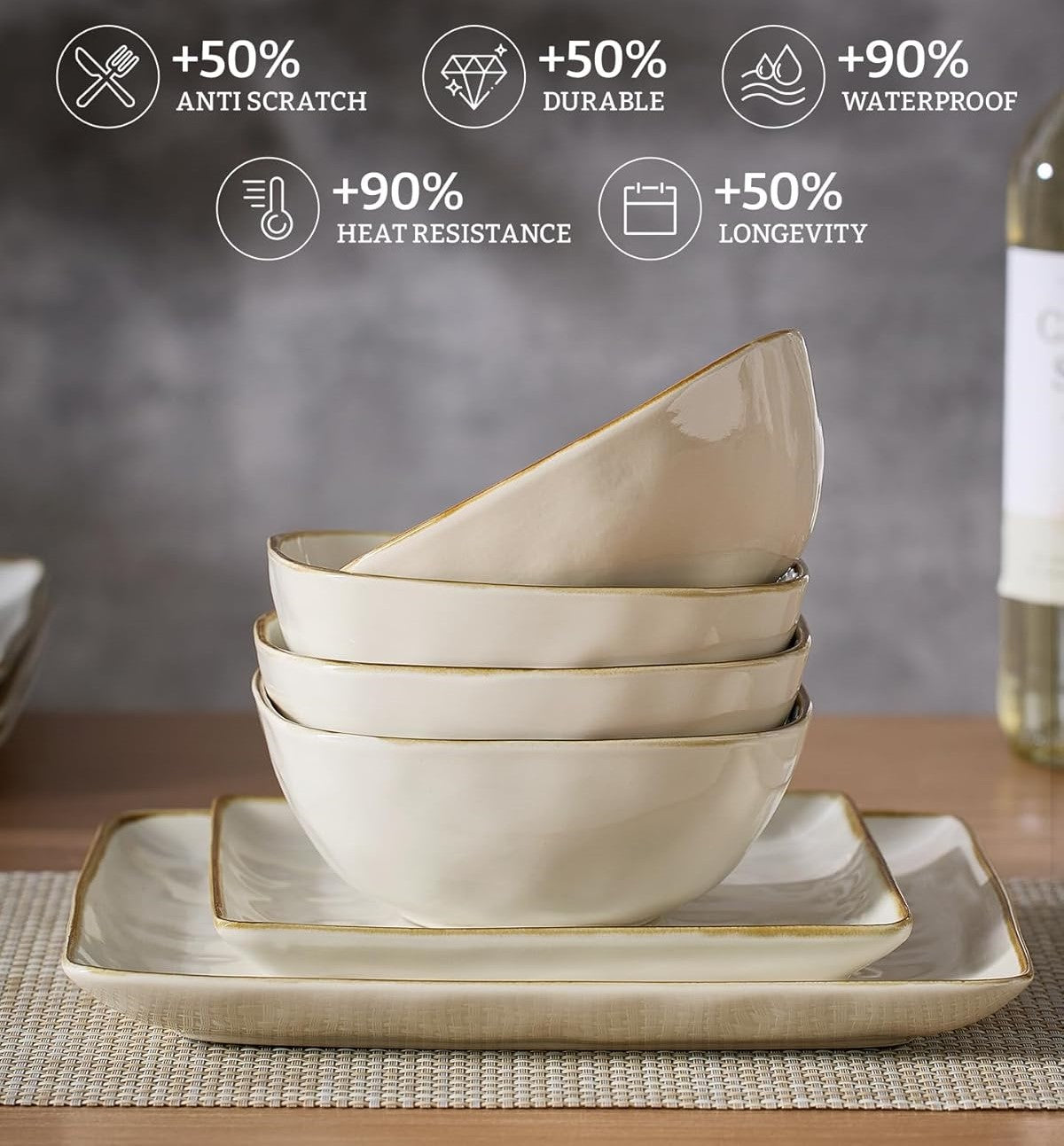 ONE of ONE Ocean Square Stoneware Dinnerware Set of 12 - Cappuccino White