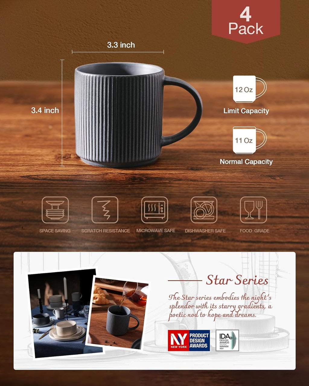 ONE of ONE Star Coffee Mug Cup Set of 4 - Matte Dark Charcoal