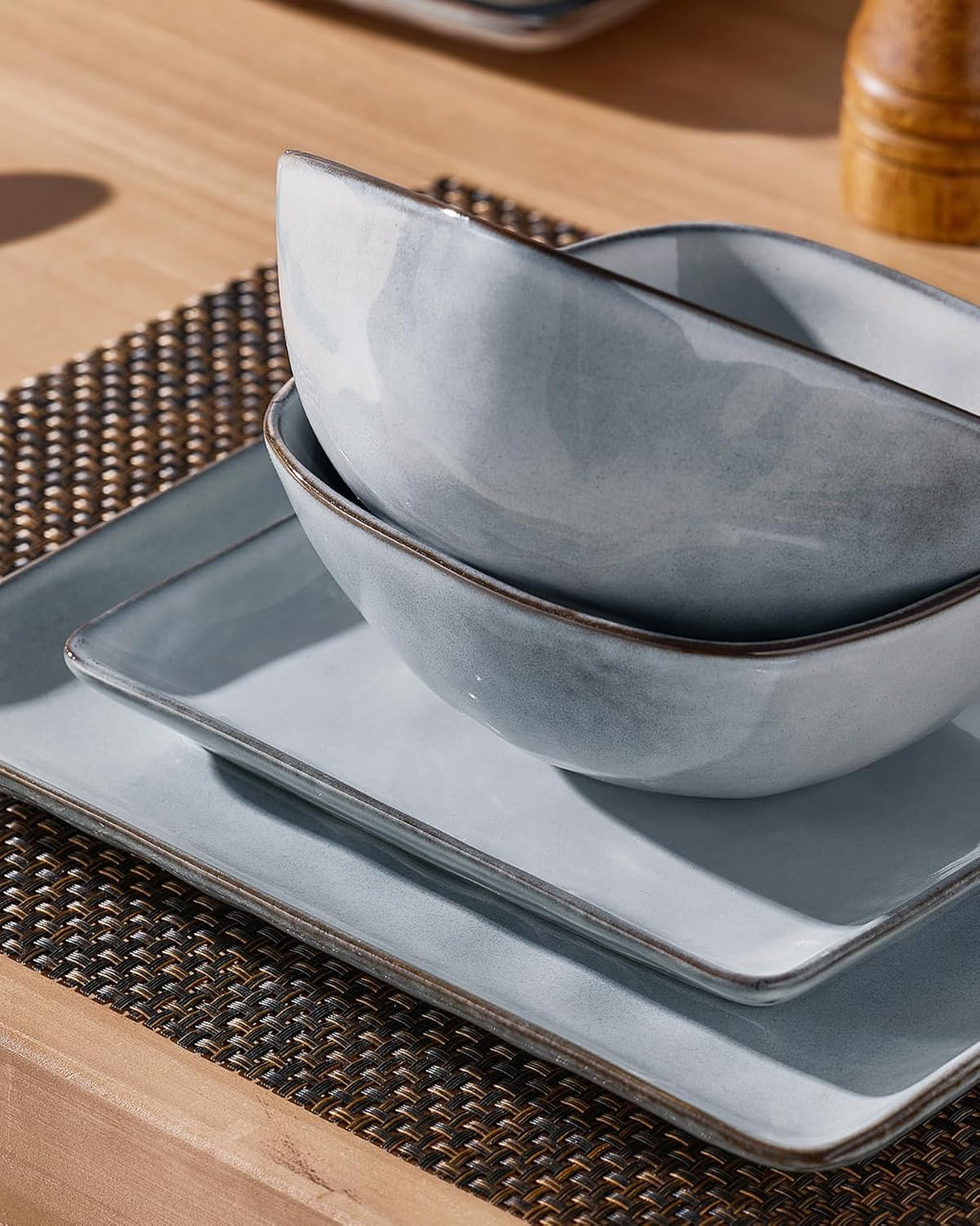 ONE of ONE Ocean Square Stoneware Dinnerware Set of 12 - Grey