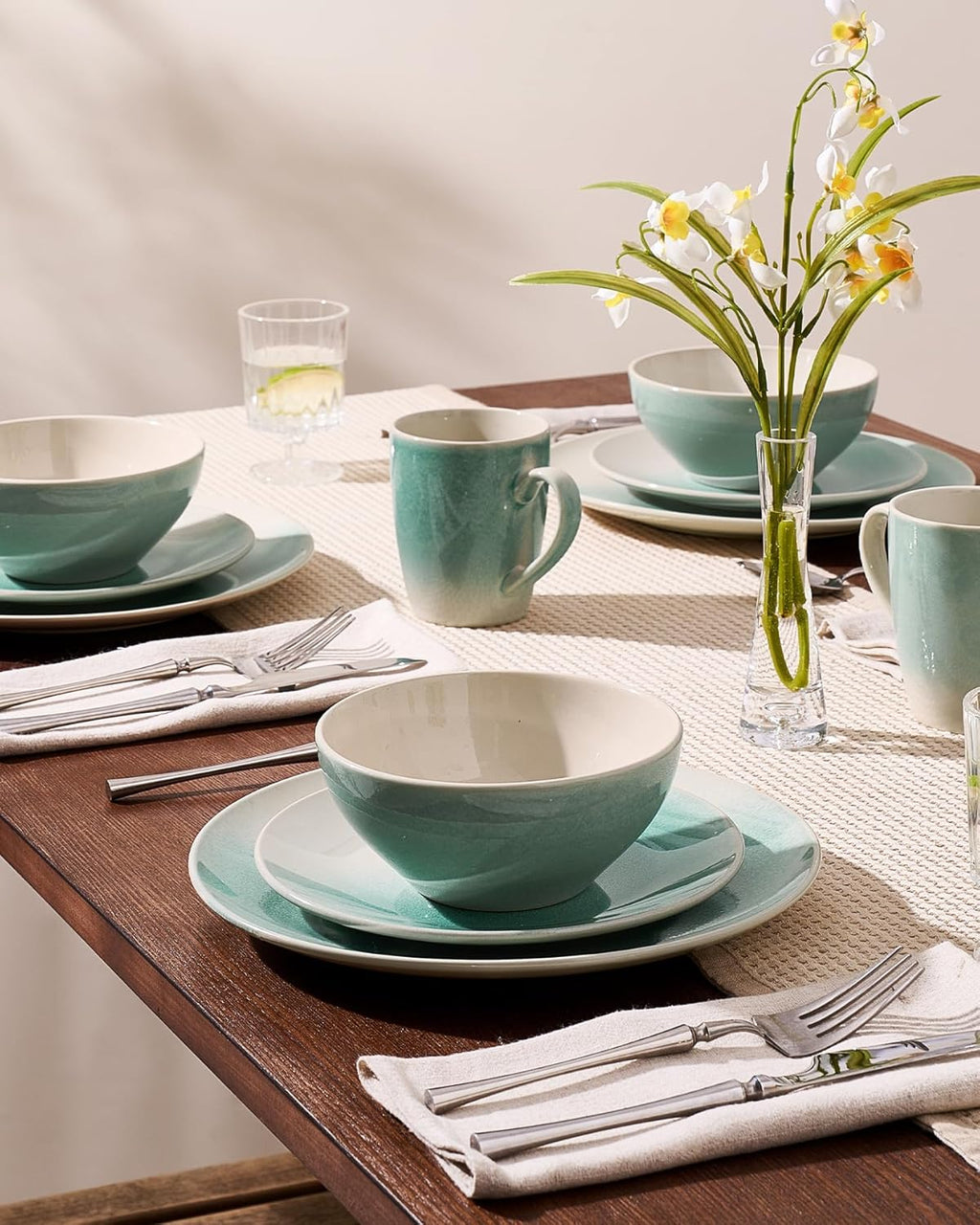 One of One Glacier Stoneware Dinnerware Set of 24 - Iced Green