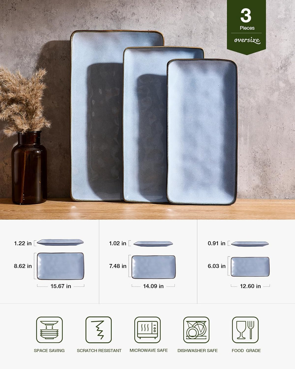 ONE of ONE Ocean Rectangle Serving Platter Set of 3 - Blue