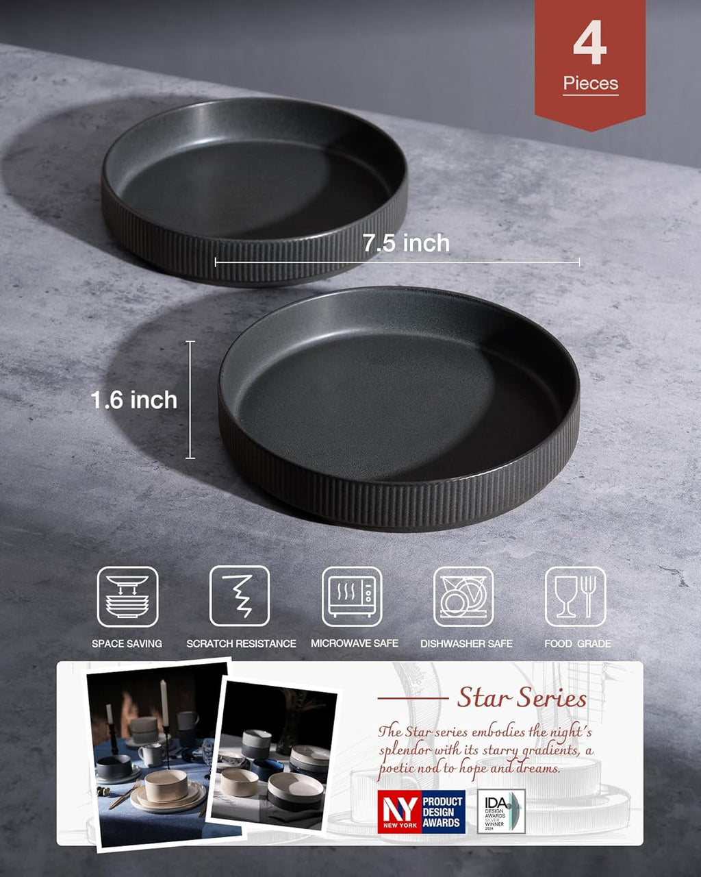 ONE of ONE 7.5" Star Pasta Bowl Set of 4 - Matte Dark Charcoal