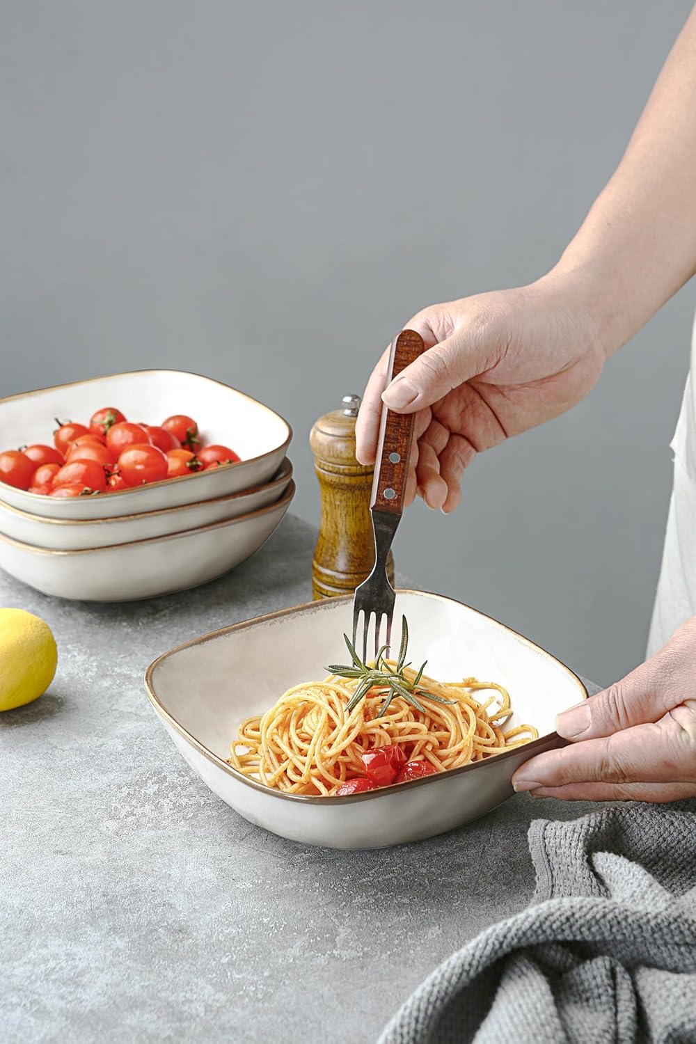 ONE of ONE 8" Ocean Square Pasta Bowl Set of 4 - Cappuccino White