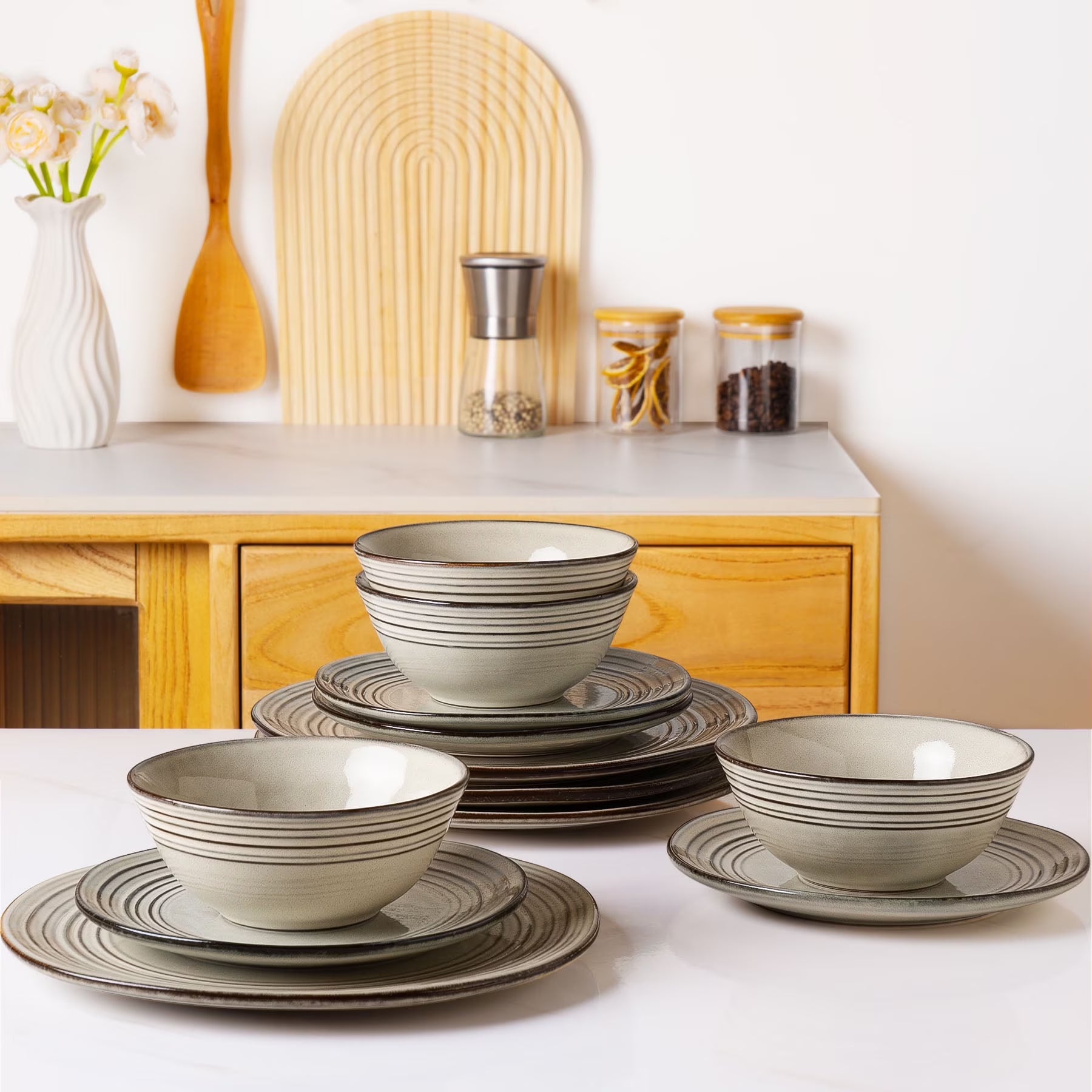 One of One Twilight Stoneware Dinnerware Set of 12 -Terre Verte