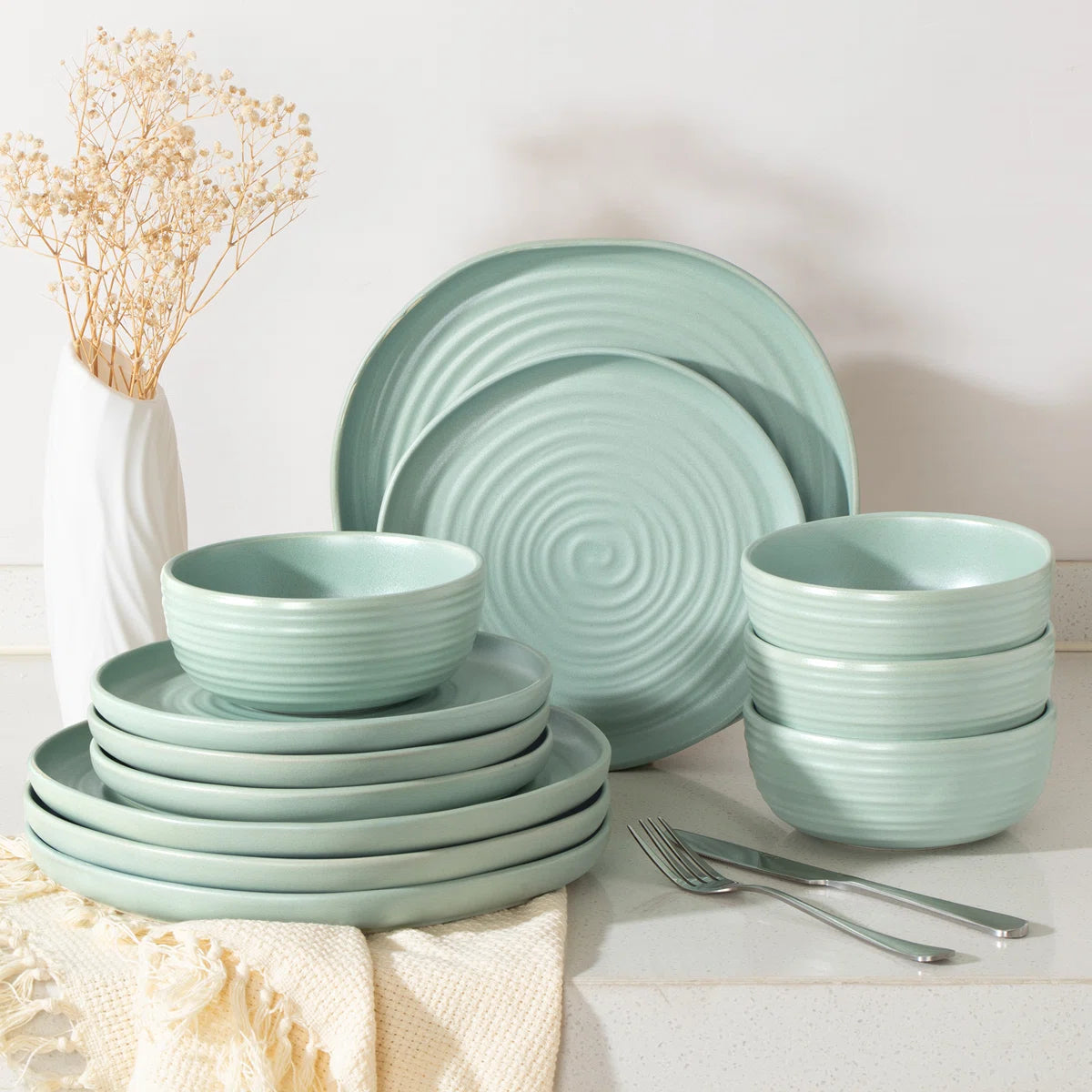 One of One Pluto Stoneware Dinnerware Set of 12 - Light Green