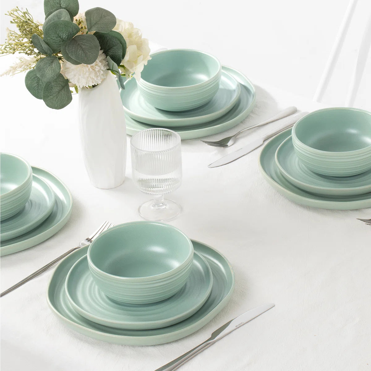 One of One Pluto Stoneware Dinnerware Set of 12 - Light Green