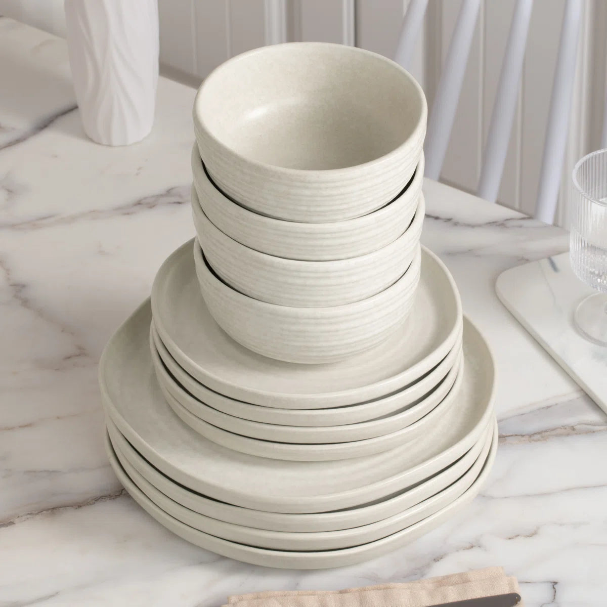 One of One Pluto Stoneware Dinnerware Set of 12 - Matte White