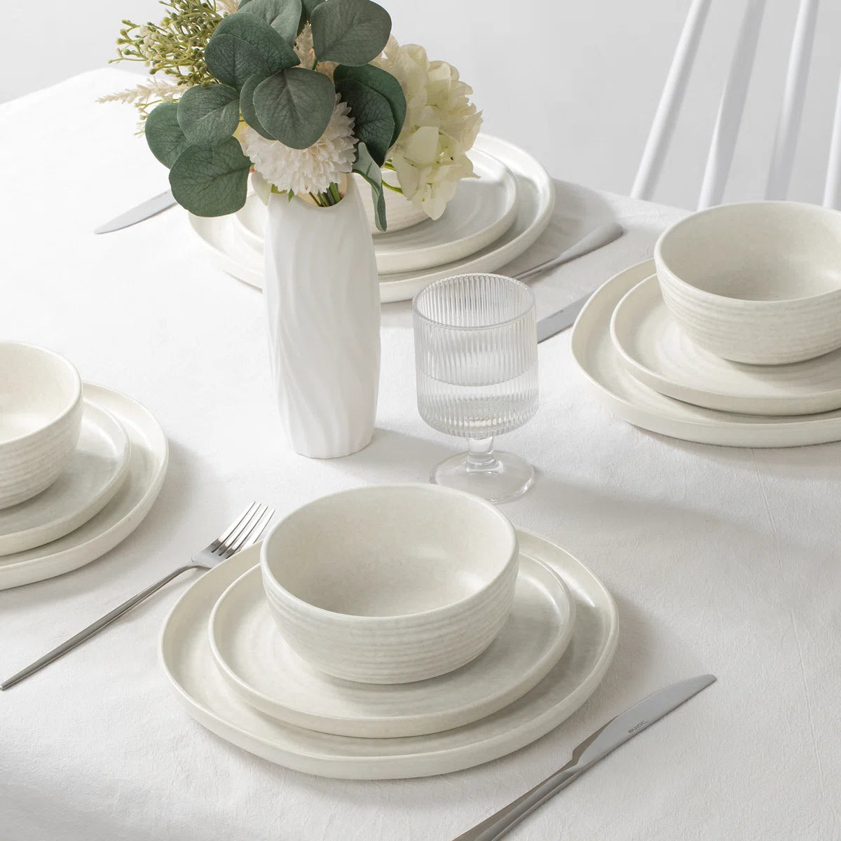 One of One Pluto Stoneware Dinnerware Set of 12 - Matte White