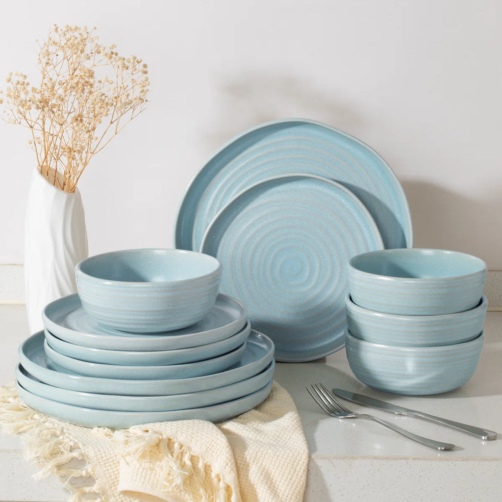 One of One Pluto Stoneware Dinnerware Set of 12 - Light Blue