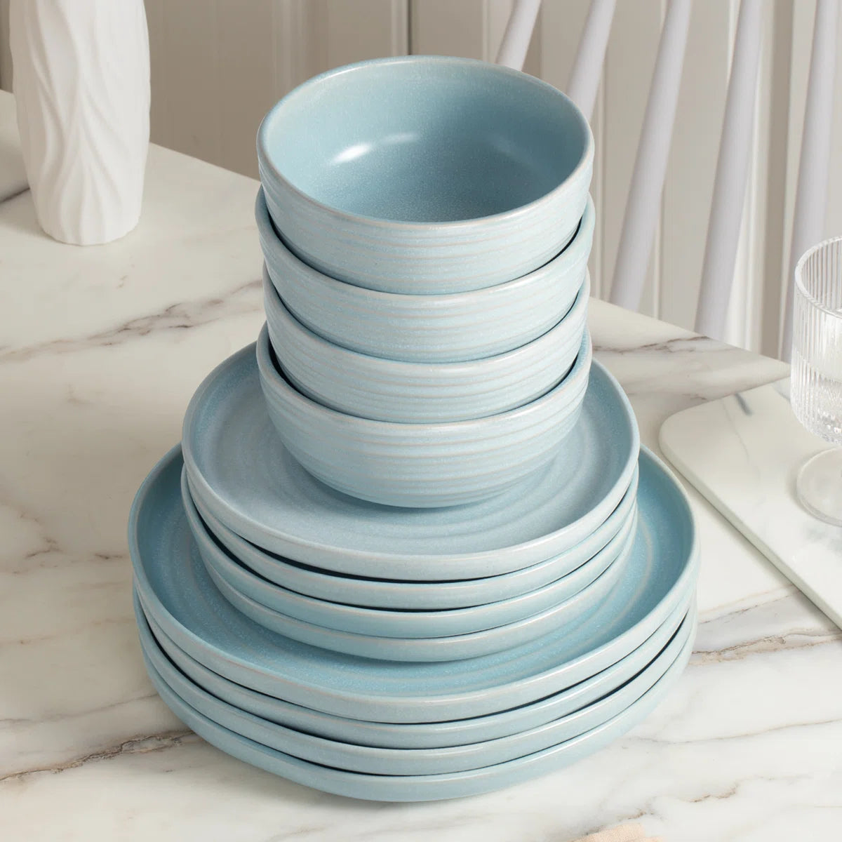 One of One Pluto Stoneware Dinnerware Set of 12 - Light Blue