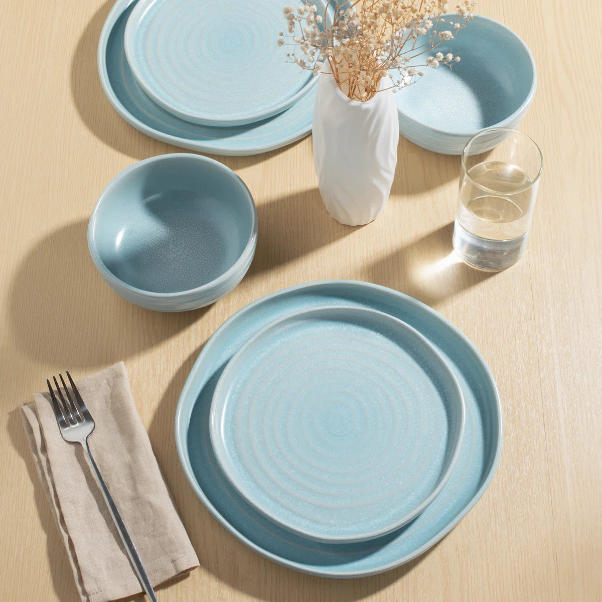 One of One Pluto Stoneware Dinnerware Set of 12 - Light Blue