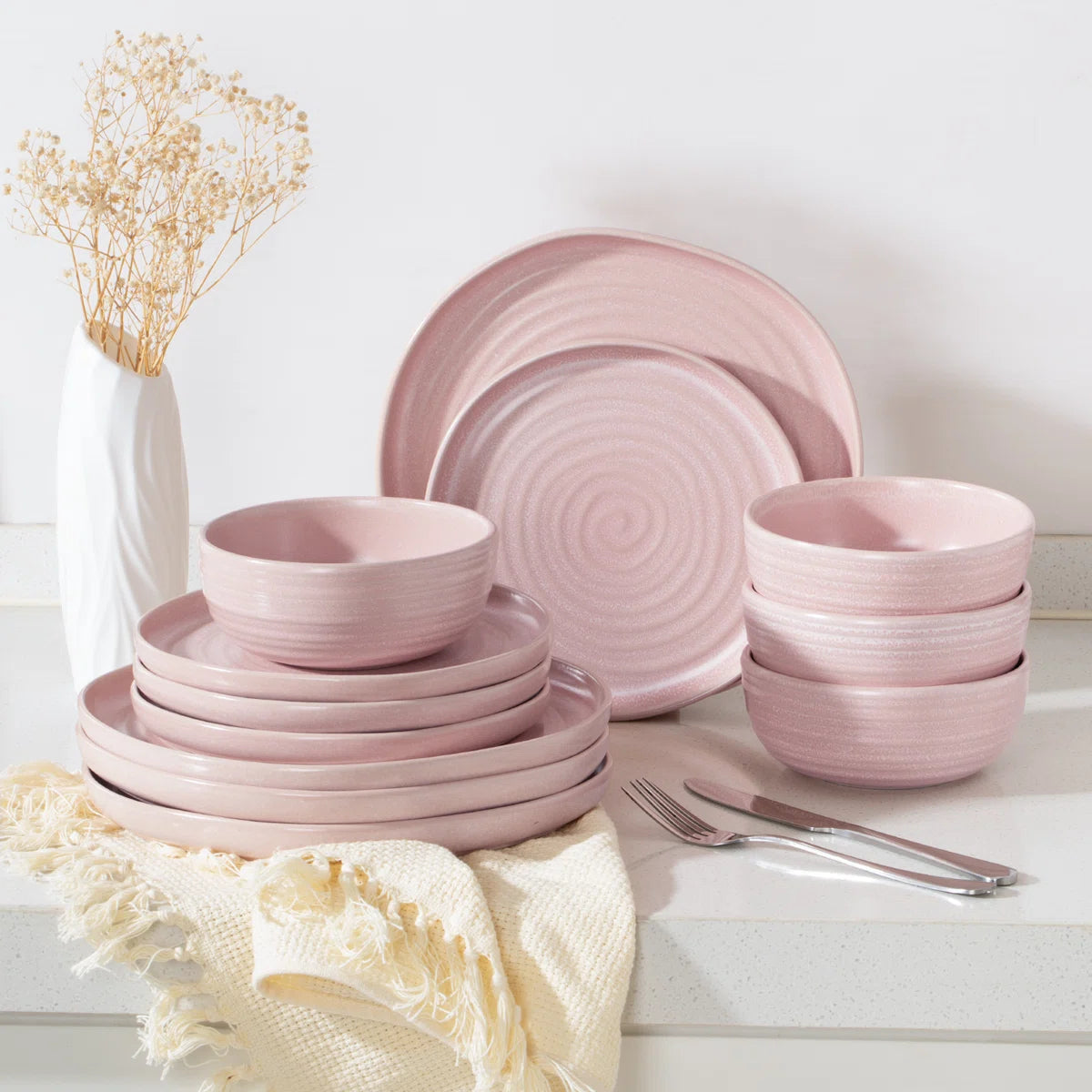 ONE of ONE Pluto Stoneware Dinnerware Set of 12 - Light Pink